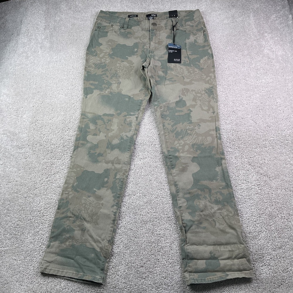 NEW ana A New Approach Pants Womens 14‎ Green Camo Modern Fit Straight Low Rise